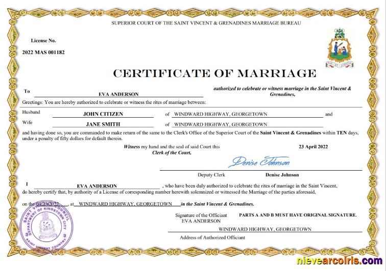 Saint Vincent and Grenadies marriage certificate